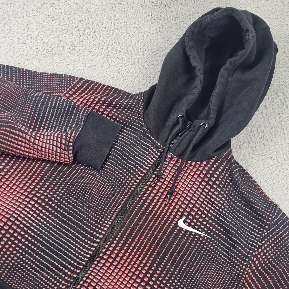 Nike Hoodie Mens Large Black Red Full Zip Geometric Print Fleece 614764-011